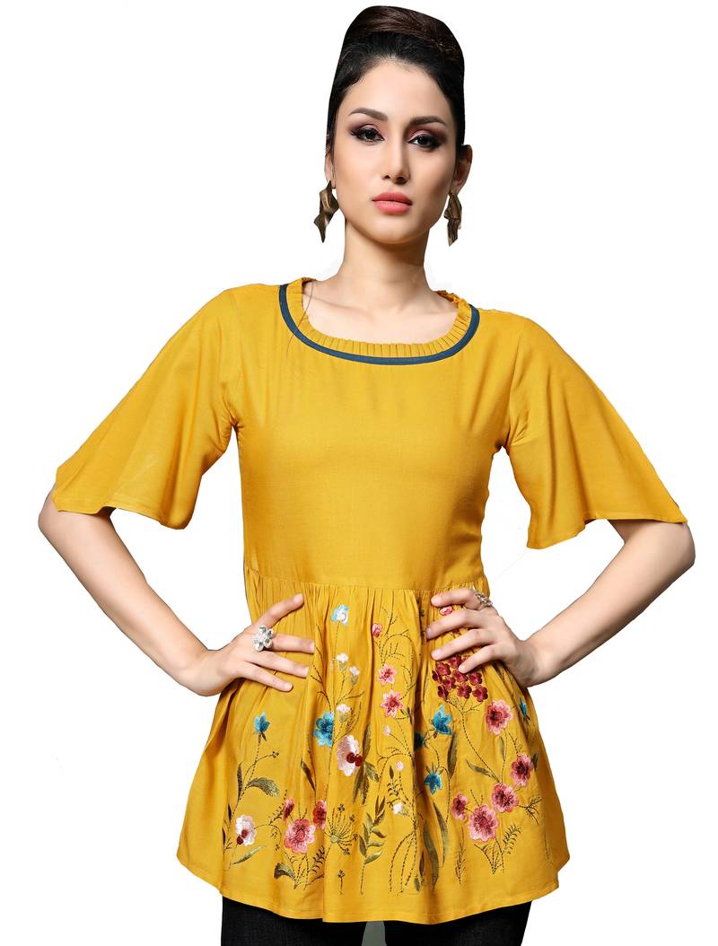 Yellow embroidered rayon tunic tops Kimisha 3020032