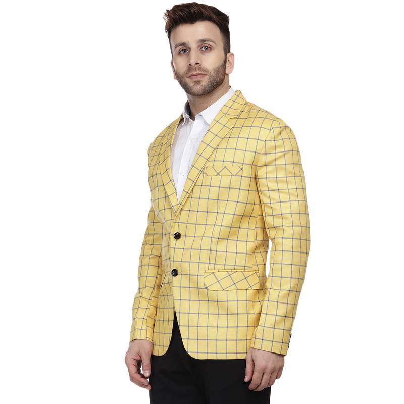 Yellow Printed Cotton Poly Checkered Blazer For Men Veera Paridhaan