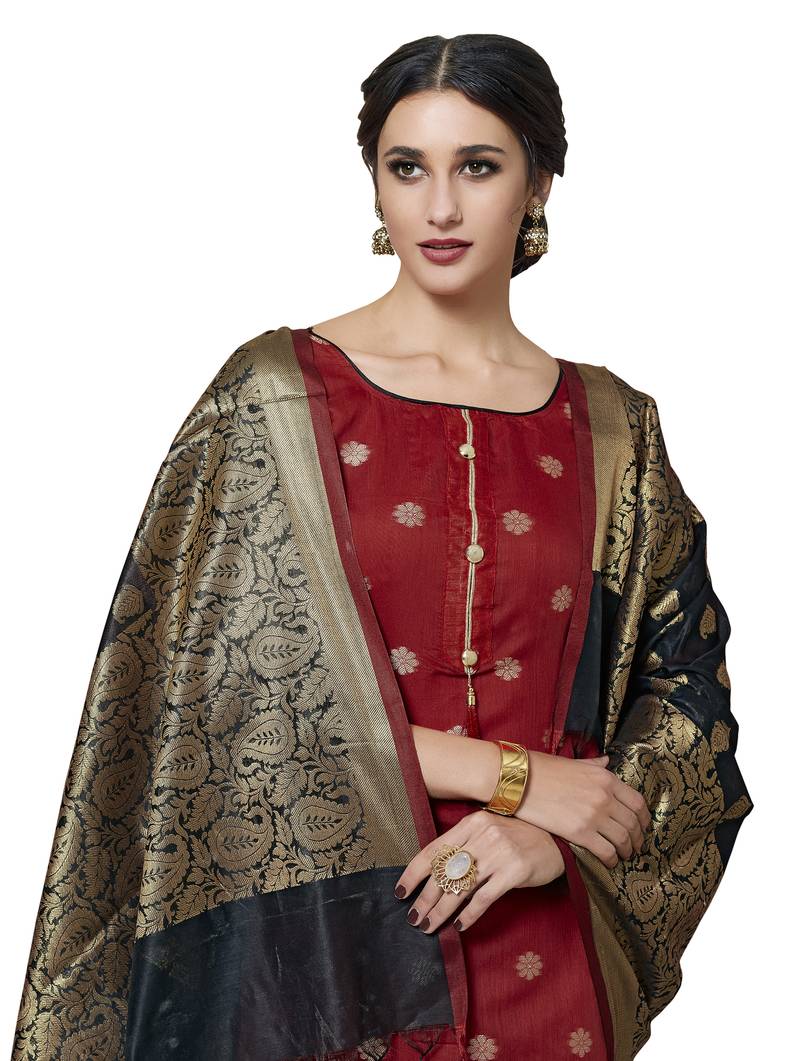 Red Black floral print pure jacquard salwar suit unstitched dress