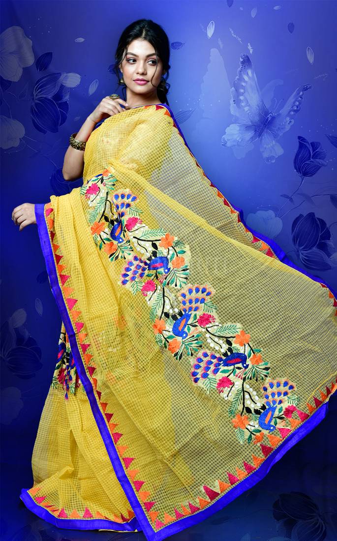 Pineapple Resham Check Saree With Embroidery Work Charukriti 3046549
