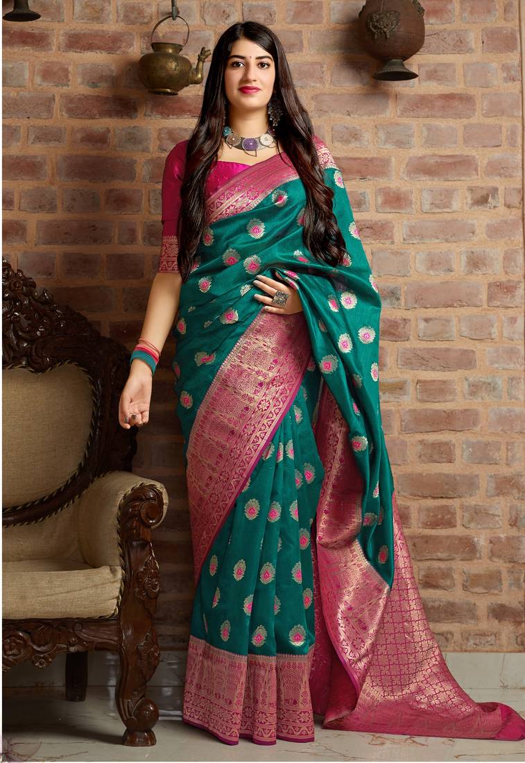Dark green woven art silk sarees saree with blouse Varni Fabrics