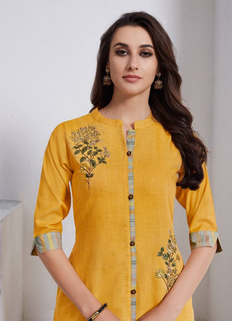 Mustard Embroidered Linen Ethnic Kurtis Real Saree 3069444