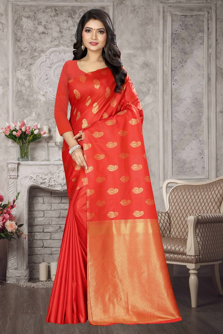 Orange Woven Kanchipuram Silk Saree With Blouse Sharaa Ethnica 3072872