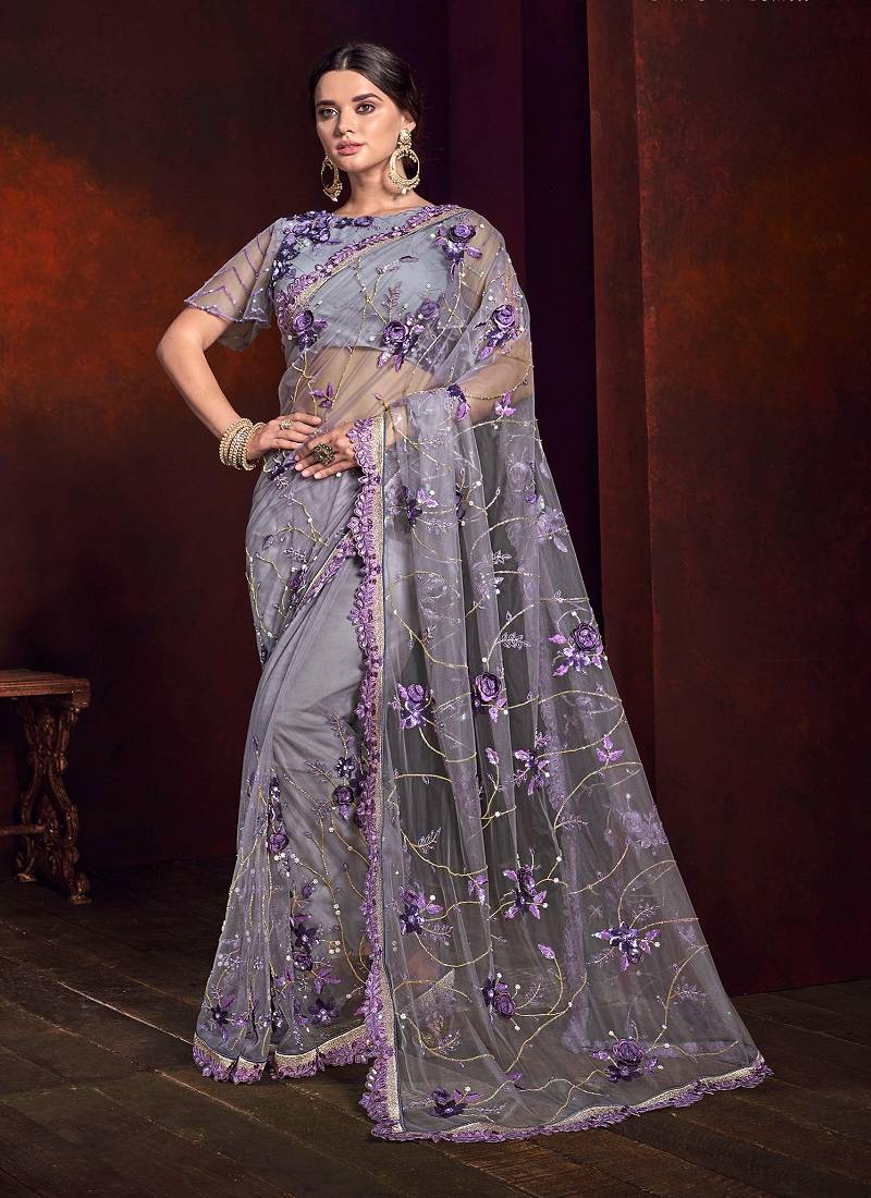 Lilac embroidered net saree with blouse Monjolika 3073882