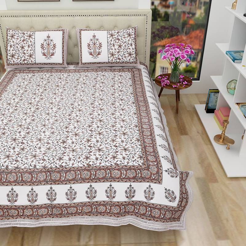 Jaipuri Hand Block Printed Traditional Cotton King Size Bedsheet with 2