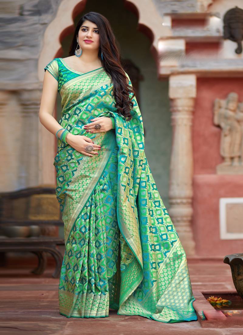 sea green woven banarasi saree with blouse Monjolika 3085440