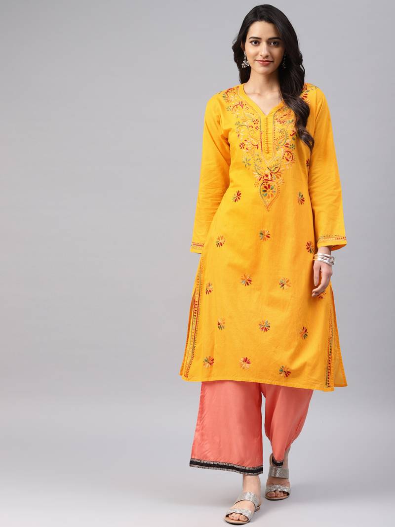Mustard embroidered cotton chikankarikurtis Saadgi 3089229