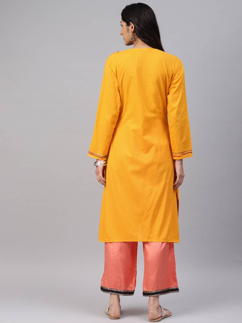 Mustard embroidered cotton chikankarikurtis Saadgi 3089229