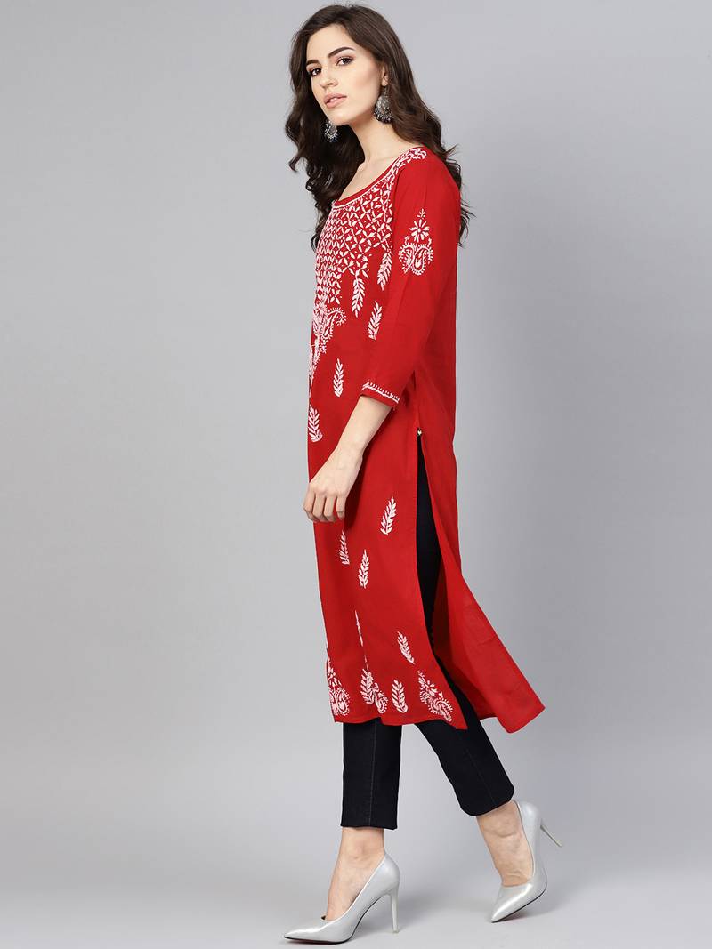Red embroidered cotton chikankarikurtis Saadgi 3089249
