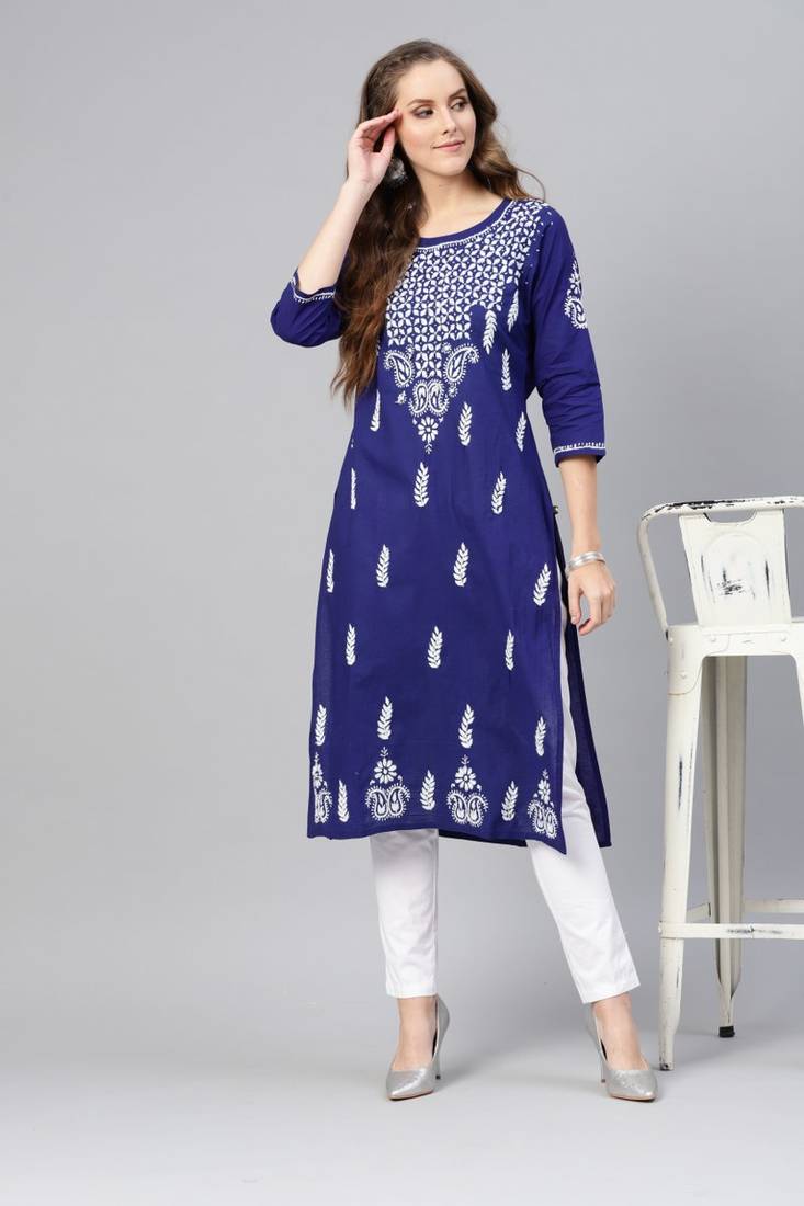 Royalblue embroidered cotton chikankarikurtis Saadgi 3089248