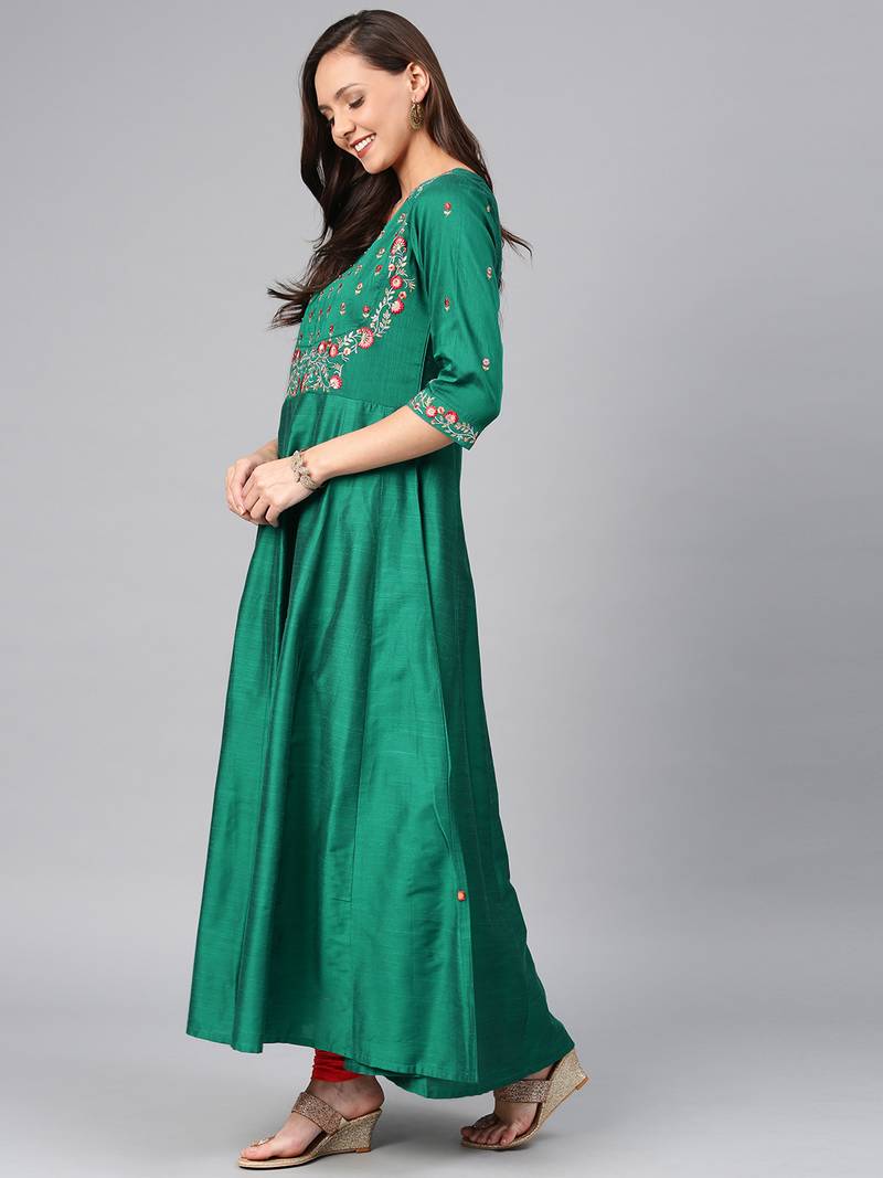 Green embroidered cotton silk ethnickurtis Alena 3094941