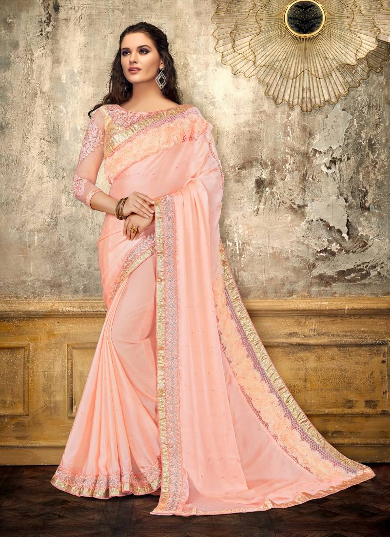 baby pink embroidered satin saree with blouse Monjolika 3095707