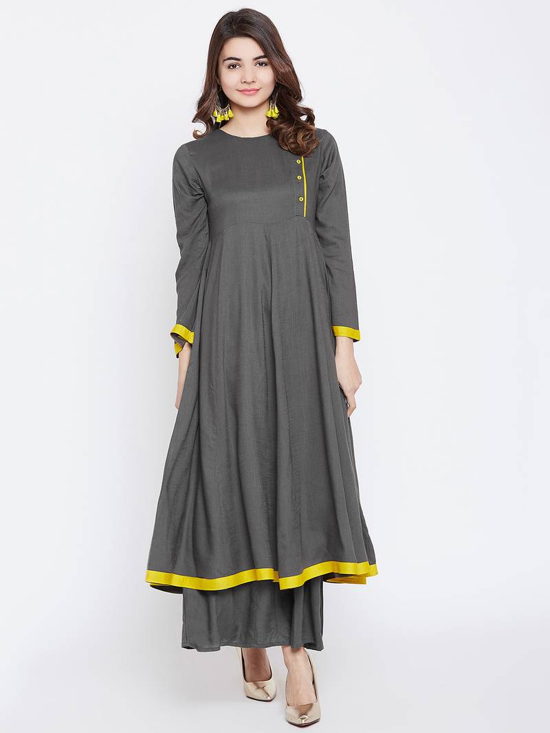 Grey plain cotton longkurtis PANIT 3113432