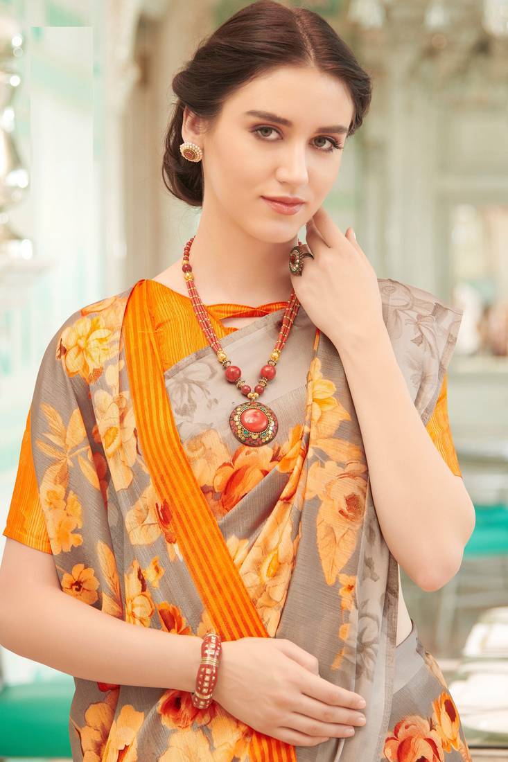 Silver printed linen saree with blouse Shangrila Designer 3117056