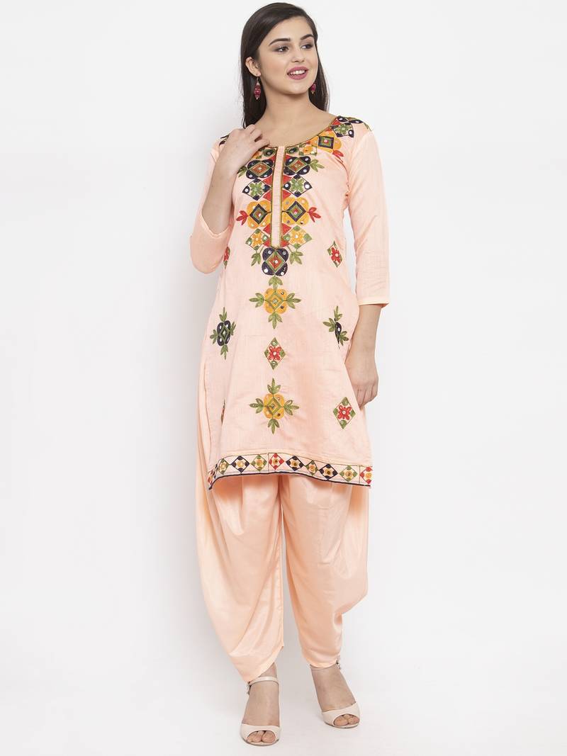 Peach Chanderi Silk Women's Unstitched Phulkari Dress Material Mf