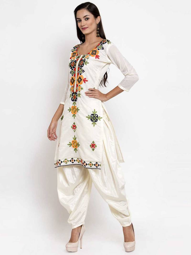 White Chanderi Silk Women's Unstitched Phulkari Dress Material Mf