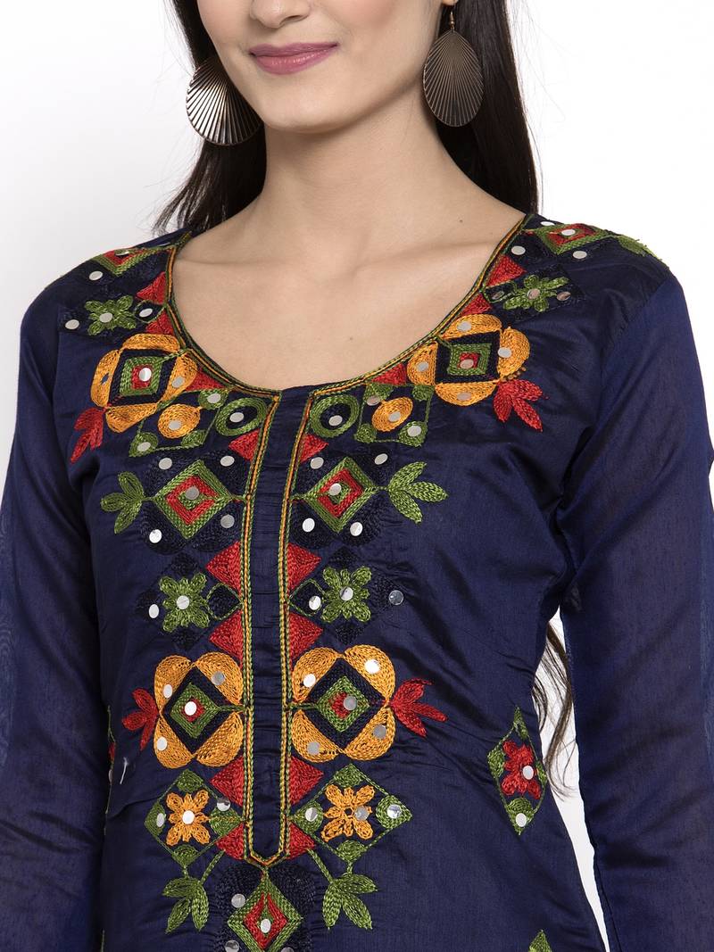 Navy Blue Chanderi Silk Women's Unstitched Phulkari Dress Material Mf