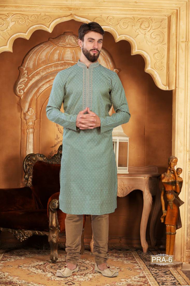 Turquoise embroidered jacquard menkurtas SILK INDIA 3144872