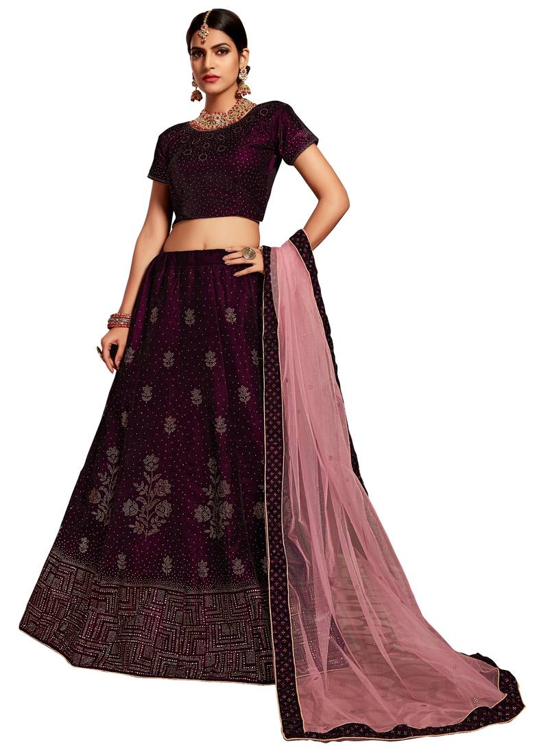 Wine embroidered velvet semi stitched lehenga Varni Fabrics 3147821