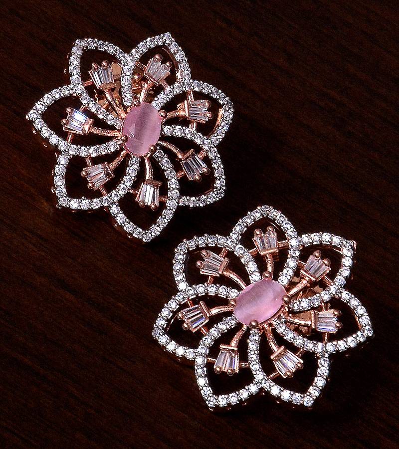 Pink Stone Embellished Rose Gold Plated American Diamond Earrings