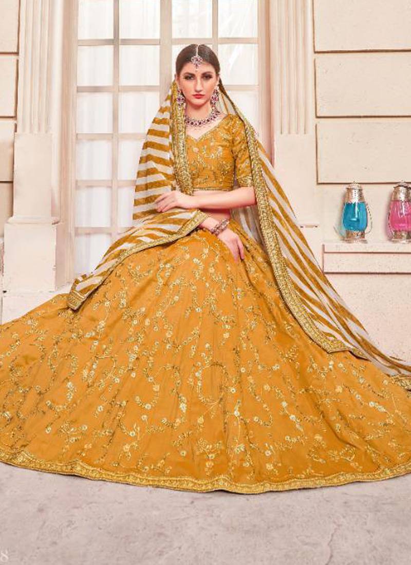 Yellow Plain Silk Unstitched Lehenga Rajasthanibazar 3155196