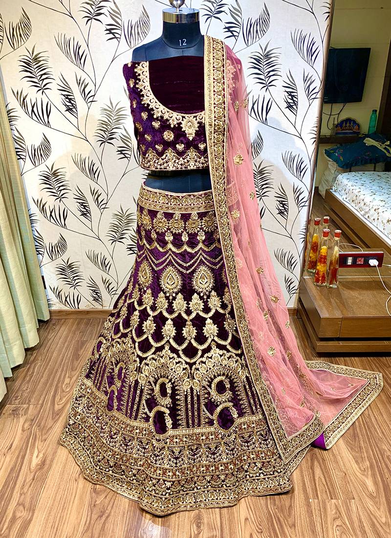Violet Embroidered Velvet Semi Stitched Lehenga survauttam Fashion 3167408