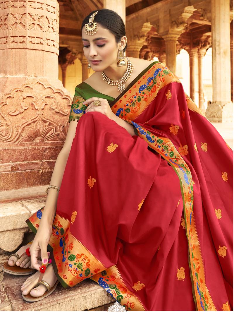 Red woven paithani silk saree with blouse Shangrila Designer 3171935