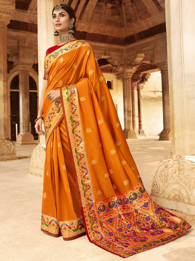 Orange woven paithani silk saree with blouse Shangrila Designer 3171938