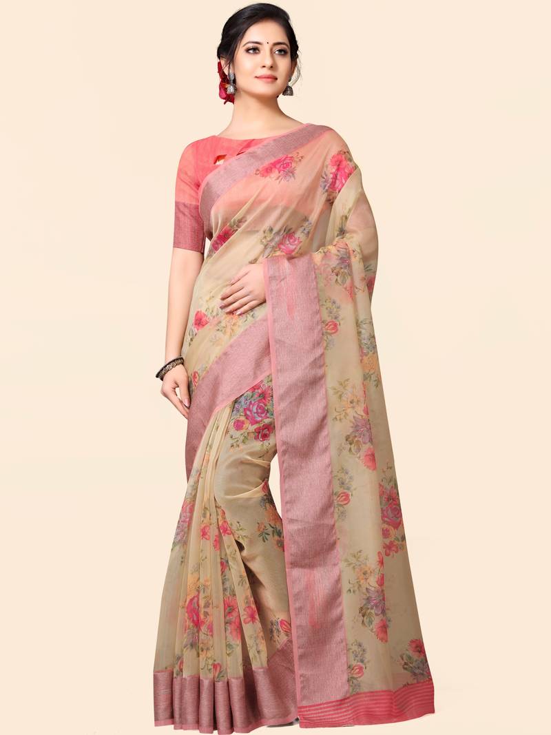 Beige printed faux organza saree with blouse Shangrila