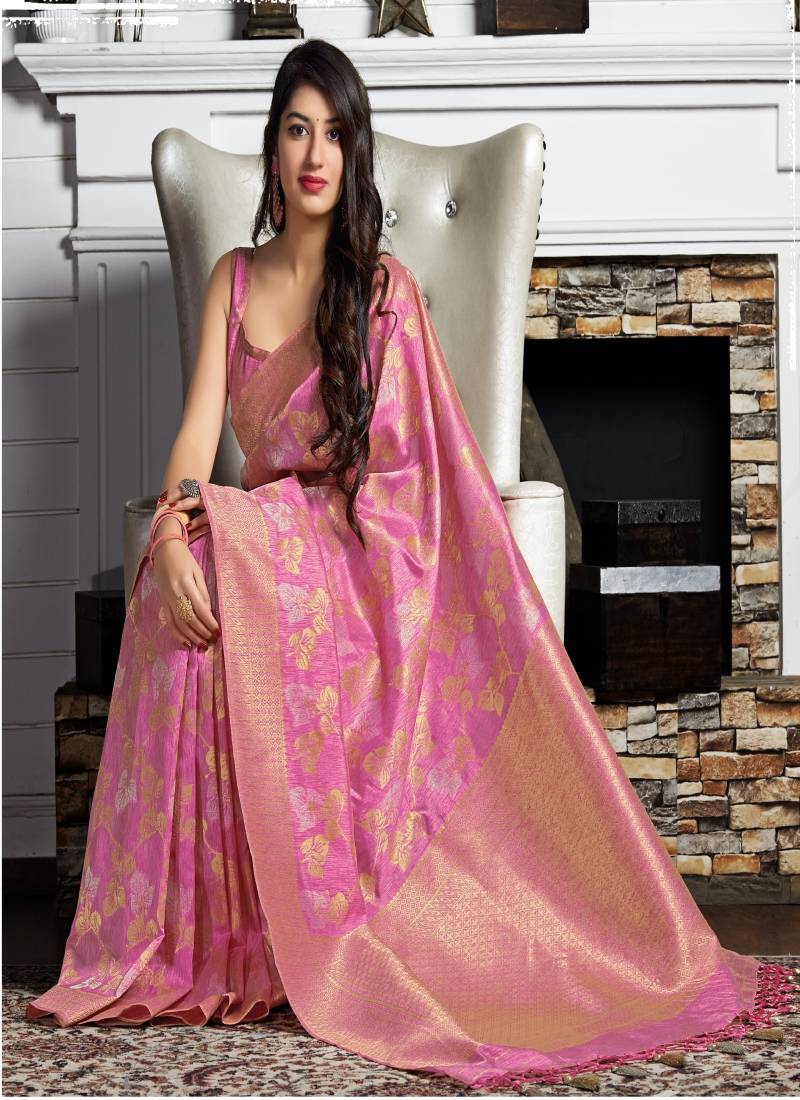 light pink woven banarasi silk saree with blouse Monjolika 3173296