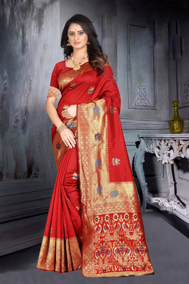 Red Woven Kanjivaram Silk Saree With Blouse MARUTI 3181516