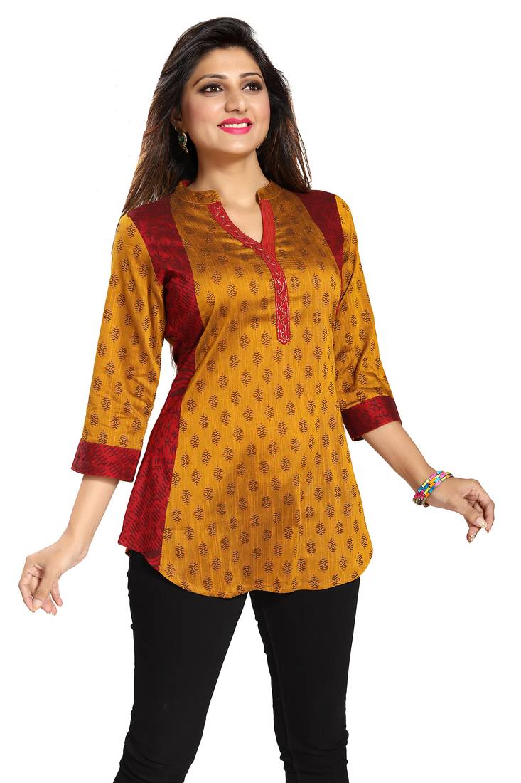 Yellow printed cotton silk kurtasandkurtis Hridya 3192844
