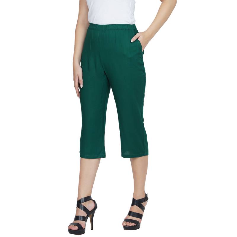 Green plain blended cotton capris34pants Patrorna 3214639