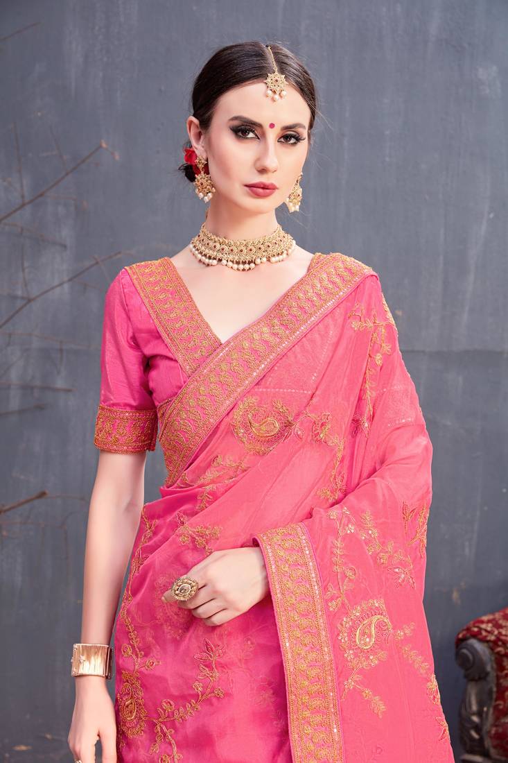 Pink embroidered organza saree with blouse Divine International