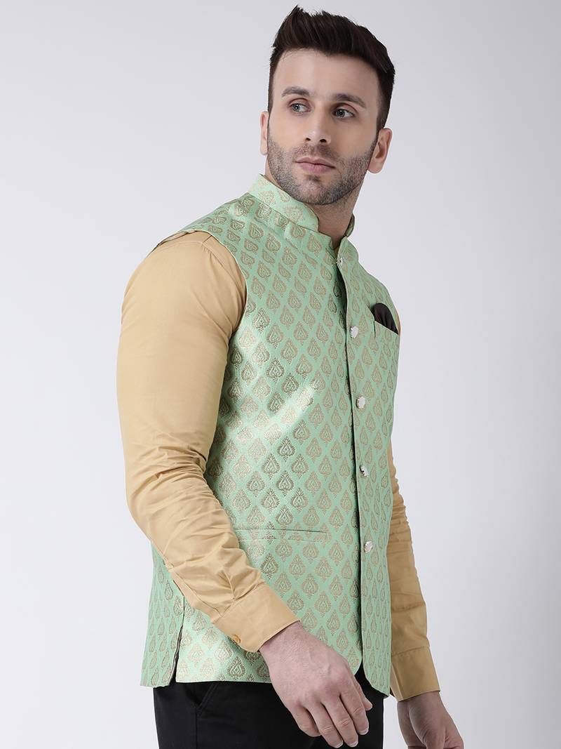 Green Printed Polyester Nehru Jacket Hangup 3242948