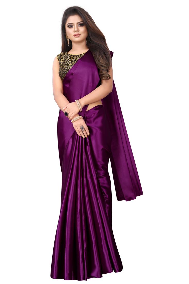 Wine plain satin saree with blouse OLIVE ENTERPRISE 3255601