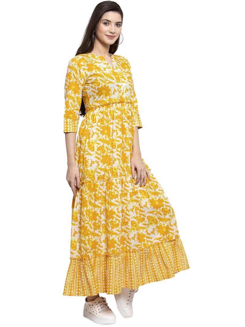 Indibelle Yellow printed cotton longdresses indibelle 3283582