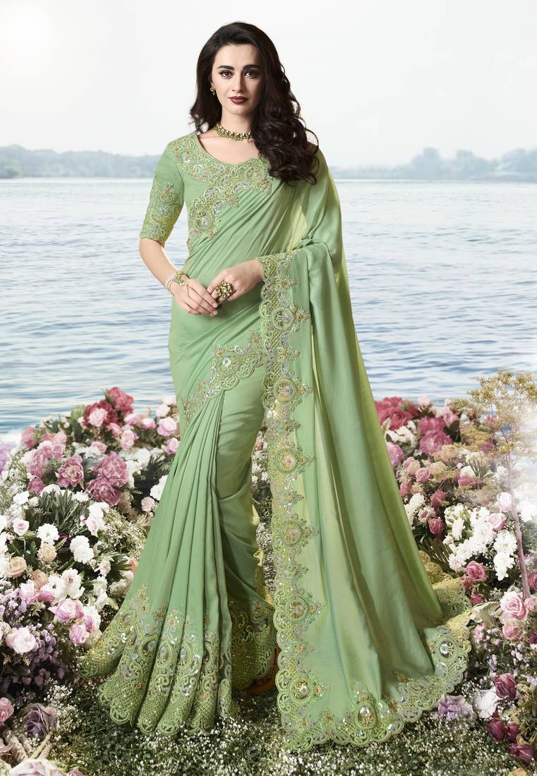 Light green embroidered fancy fabric saree with blouse Lilots 3292026
