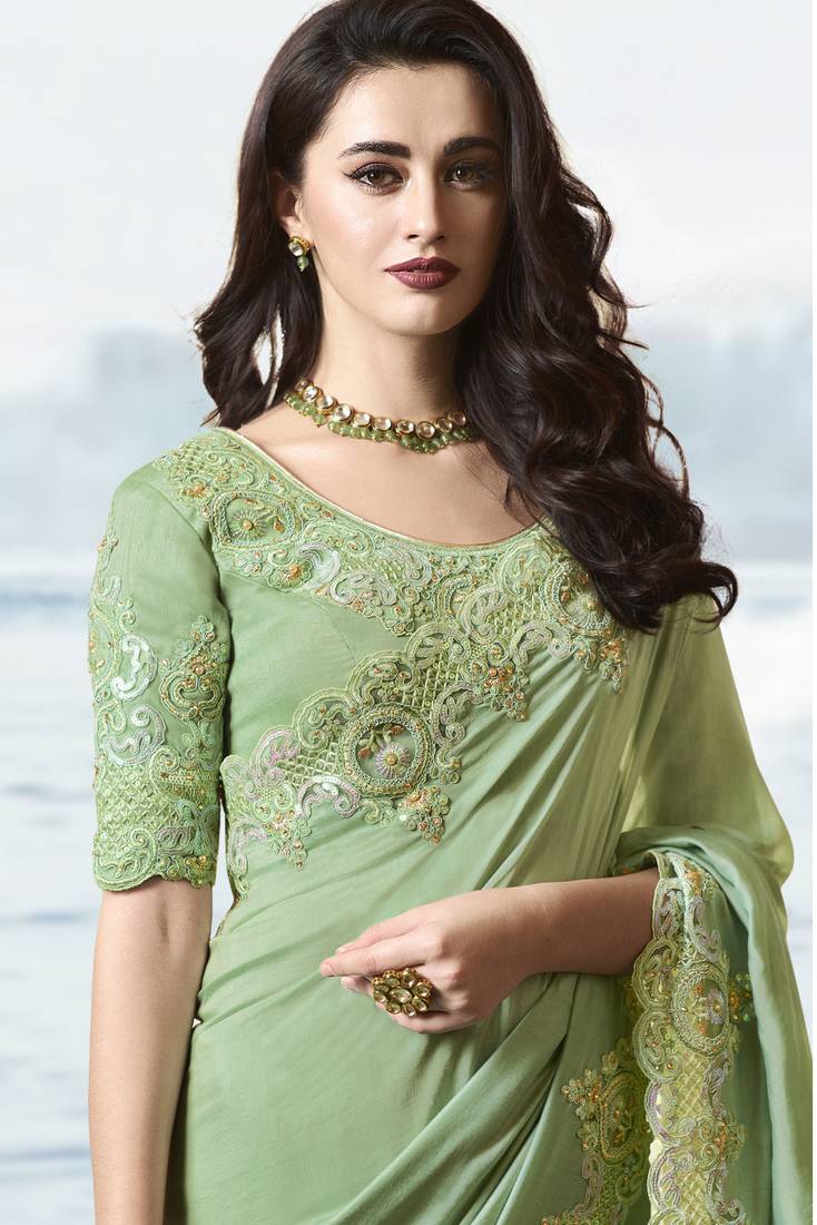 Light green embroidered fancy fabric saree with blouse Lilots 3292026