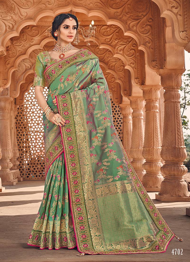 sea green embroidered banarasi silk saree with blouse Monjolika 3302504