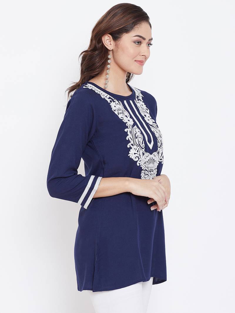 Blue embroidered rayon tunics Sethi Daughters 3304346