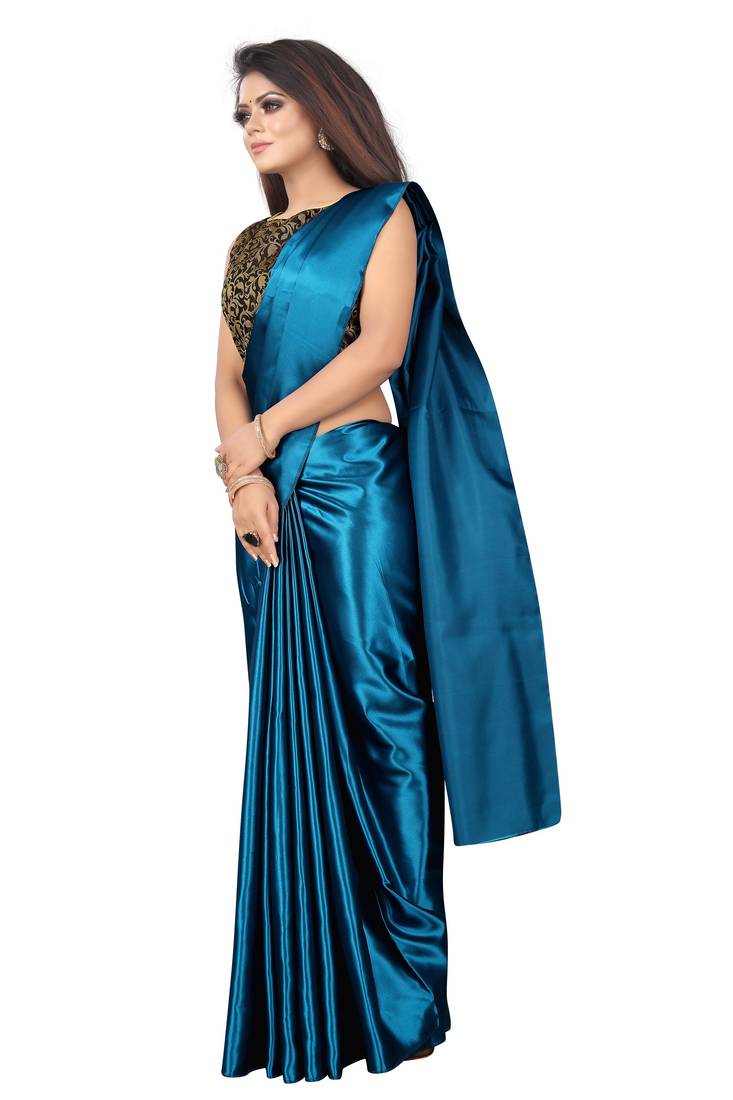 Blue plain satin saree with blouse Amrut vastra 3311074