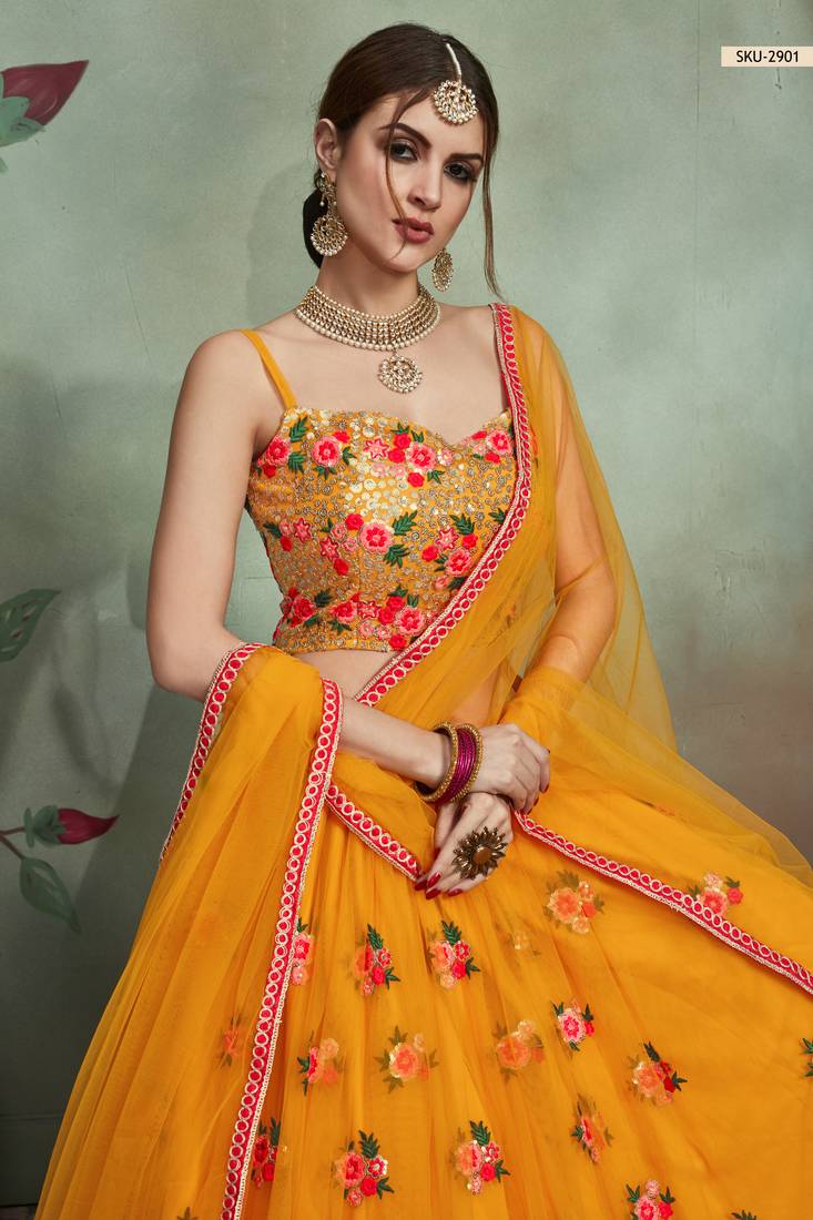 Mustard embroidered net semi stitched lehenga MESMORE 3329085