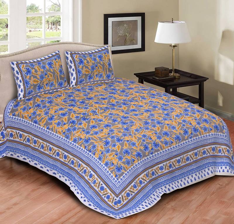 Ridan cotton printed multicolour double bed sheet with pillow cover