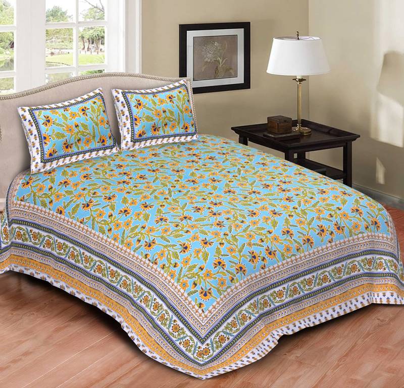 Ridan cotton printed multicolour double bed sheet with pillow cover