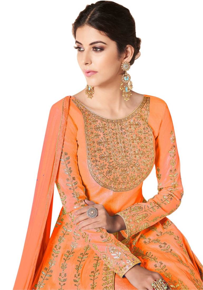 Orange Embroidered Silk SemiStitched Salwar Suit With Dupatta SURAT