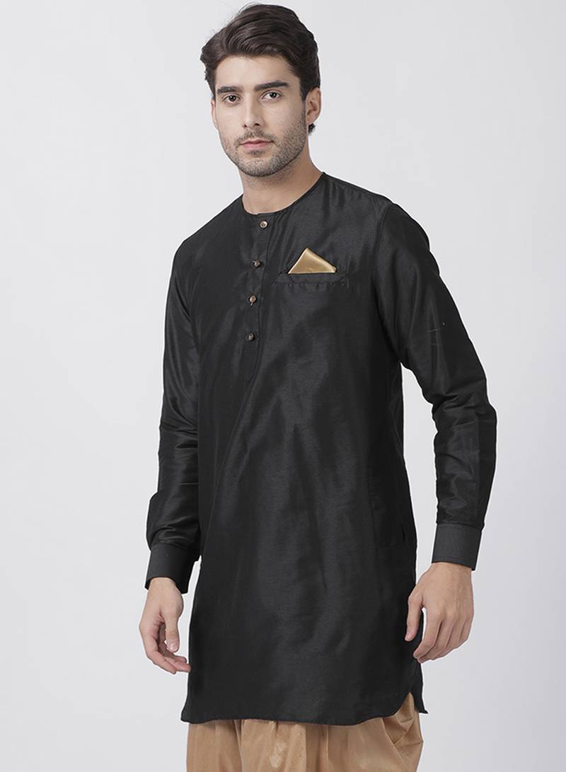 Black plain cotton silk menkurtas VASTRAMAY 3355874