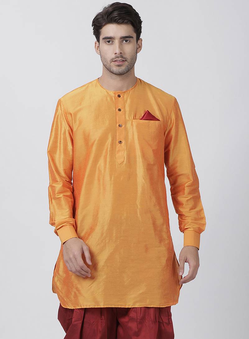 Orange plain cotton silk menkurtas VASTRAMAY 3355883
