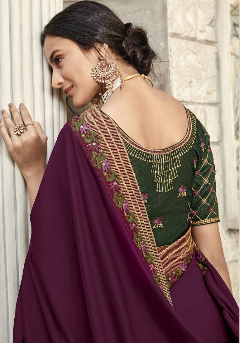 Wine embroidered satin saree with blouse Lilots 3363771