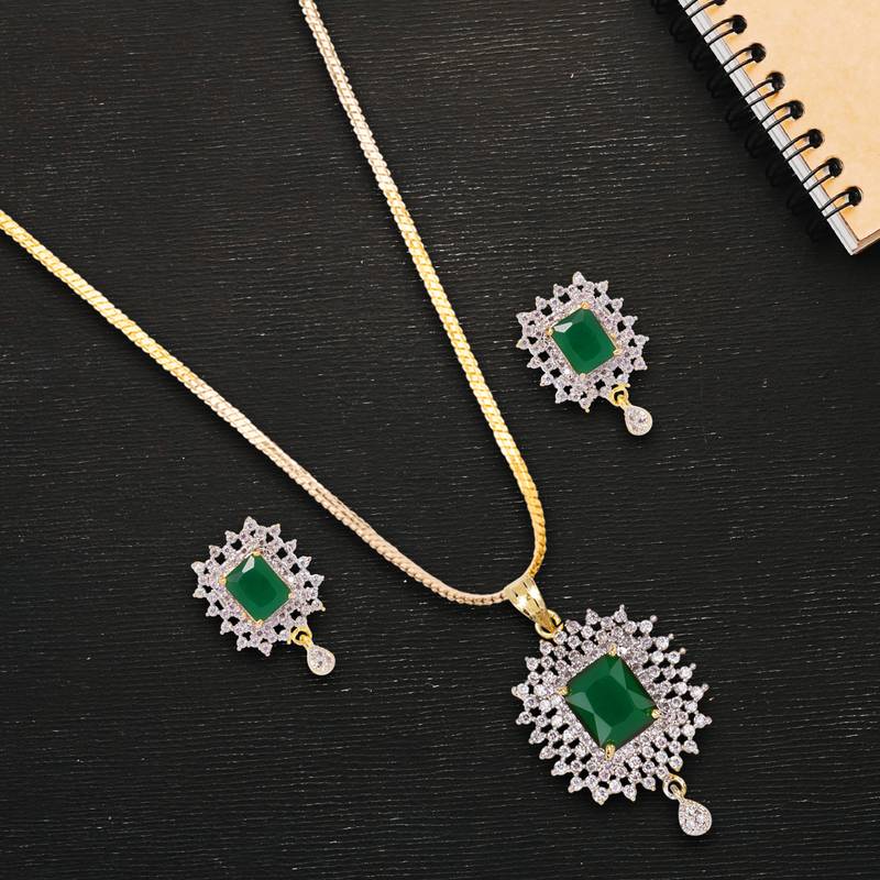Gold Plated Green Colored American Diamond Pendant Set With Chain For